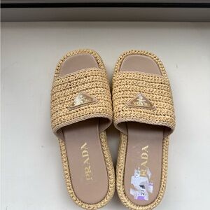 Prada Tan Crochet Slides